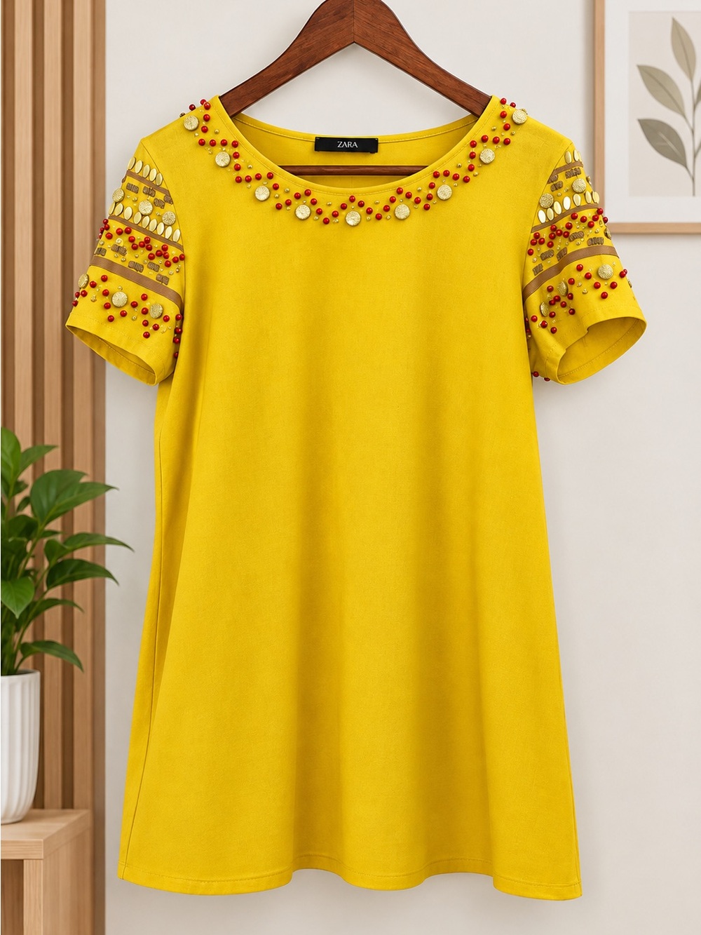 Max Mara Embellished Beaded Tee Mustard Yellow Short Sleeve Top Smal Luxury Boho